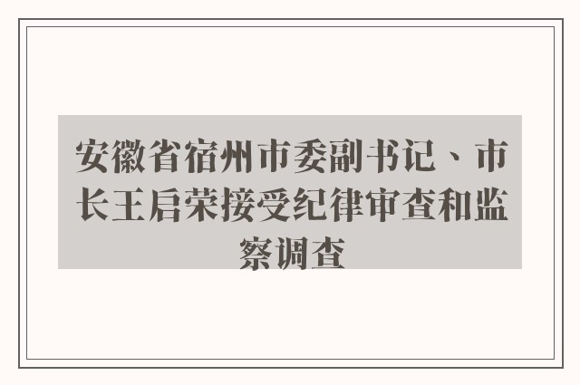 安徽省宿州市委副书记、市长王启荣接受纪律审查和监察调查